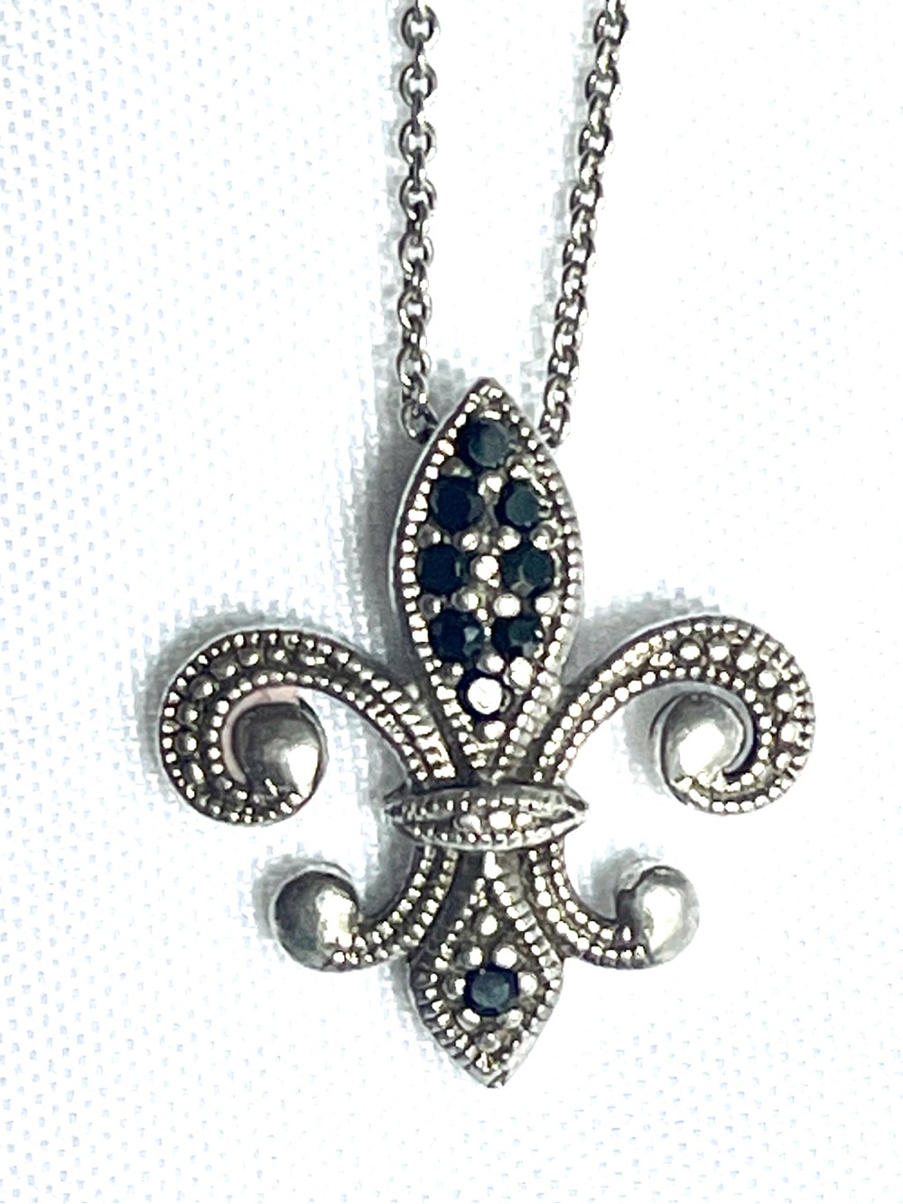 Stamped 925 FAS THAI Fleur De Lis Necklace Black Crystal Prong Set Stones 17 In+